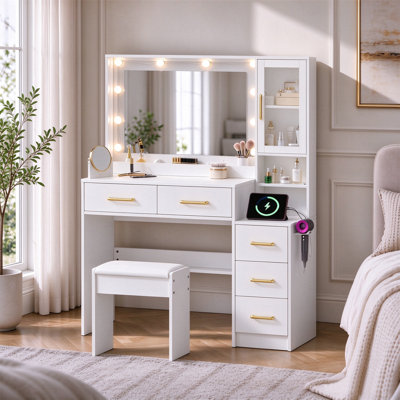 35" Modern Makeup Vanity Desk Set With Lighted Mirror, Electrical Outlets, 5 Drawers & Cabinet, White