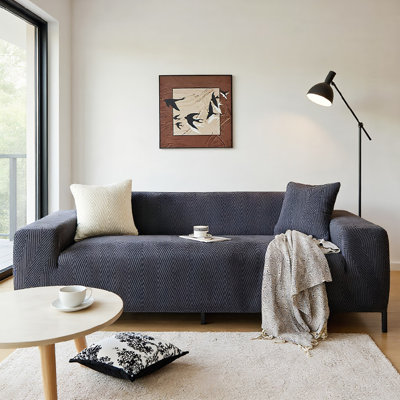 Dark Grey Herringbone Tomeco Stretch Sofa Slipcover, Fits Chair, Loveseat, Sofa And XL Sofa