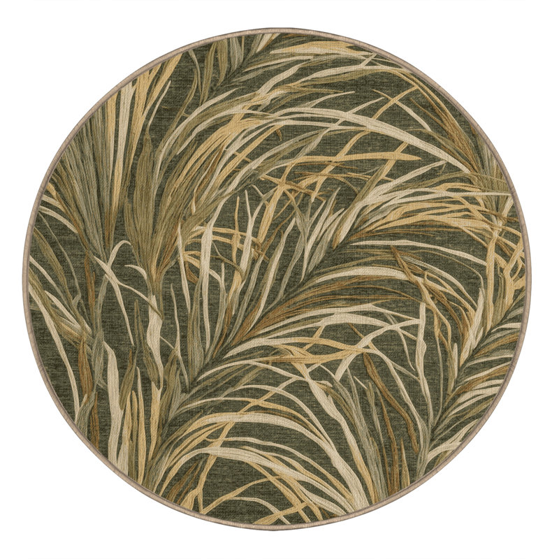 Machine Washable Botanical Brown Area Rug, Round 5'
