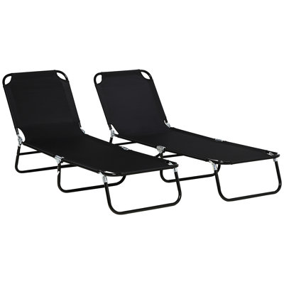 Chaises longues pliantes, dossier à 5 positions, structure en acier pour le bronzage extérieur, plage, patio, 2 pièces noires