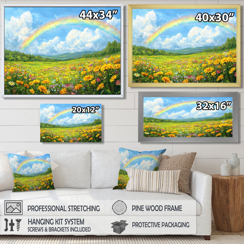 Rainbow In The Wildflower Field - Landscapes Canvas Wall Decor, 12" H x 20" W, Black Single Picture Framed