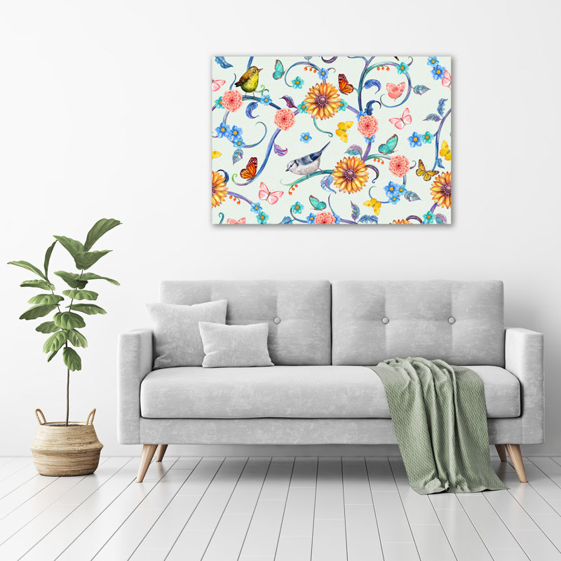 Flowers And Birds - No Frame Print on Glass