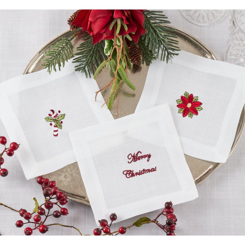White Embroidered Poinsettia Winter Cocktail Napkins Set of 12