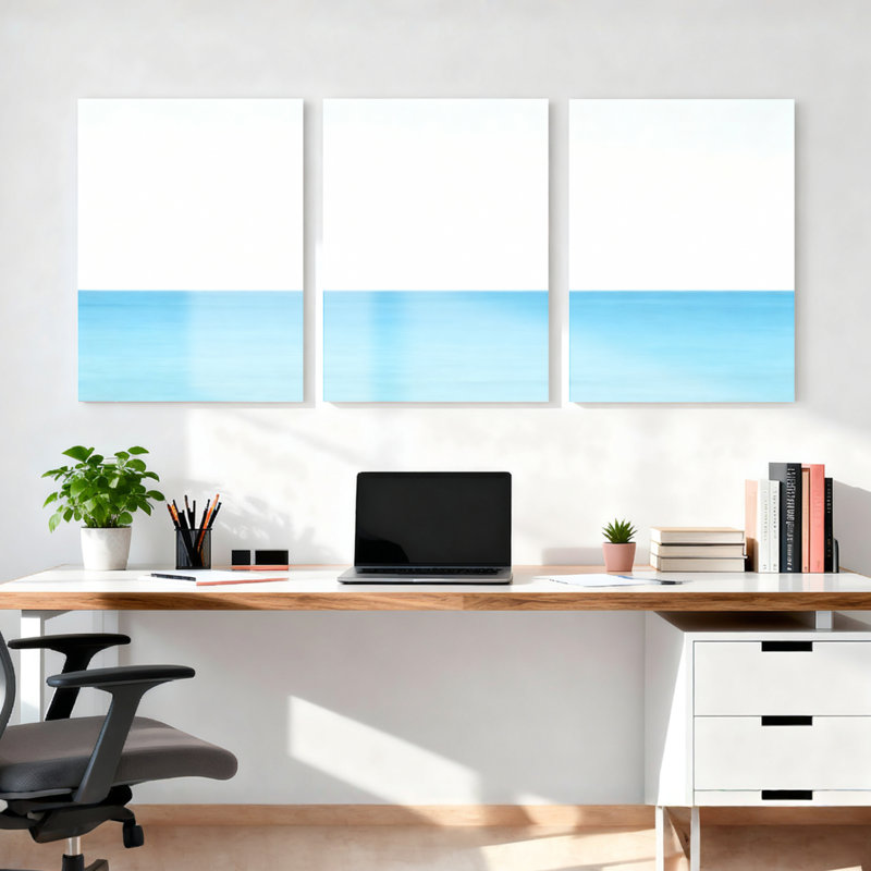 Ensemble de 3 tableaux abstraits sur toile tendue représentant un horizon océanique, H 36 po x l 72 po