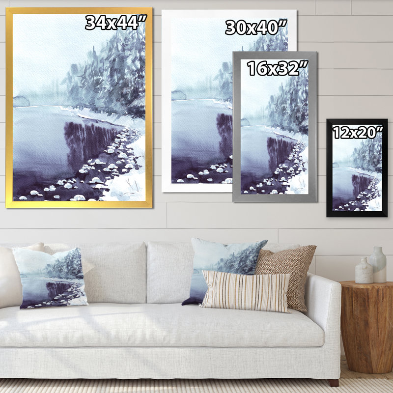 Paysage hivernal enneigé - Peinture sur toile, H 33,5 po x l 17,5 po x P 1 po, Cadre noir