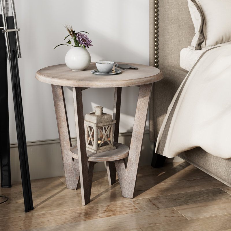 Cabrero Farmhouse Rustic Round End Table with Shelf, 23.27" H x 23.74" W x 23.74" D, Caramel Brown