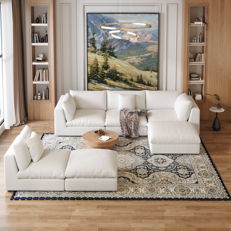 156.6'' Oversized U Shaped 6 Piece Modular Cloud Sectional Sofa with Two Ottoman, White Velvet