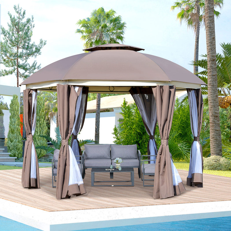 Round Outdoor Gazebo, Patio Dome Gazebo Canopy Shelter With Double Roof, Netting Sidewalls And Curtains, Zippered Doors, Strong Steel Frame