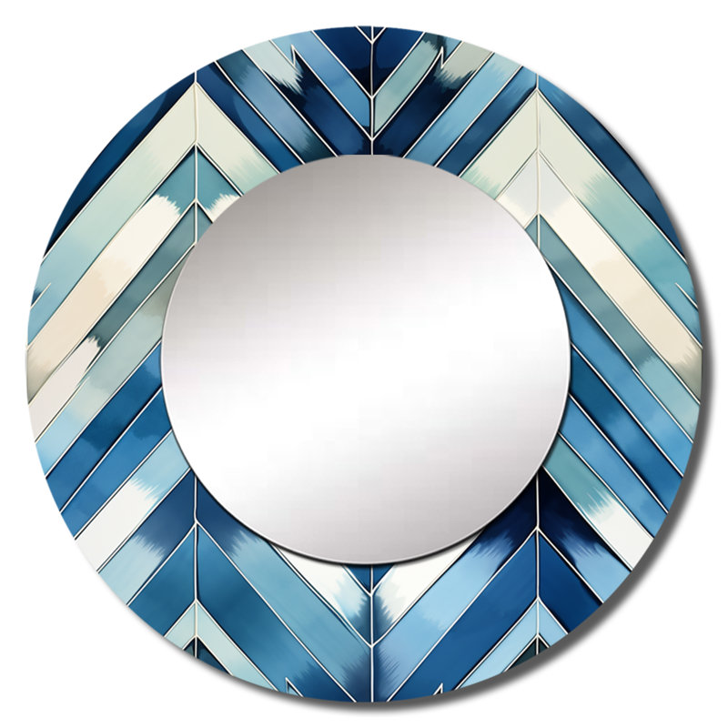 Vintage Cobalt Blue White Chevron Geometric - chevron  Decorative Mirror, Blue Round Wall Mirror, Printed Metal Art