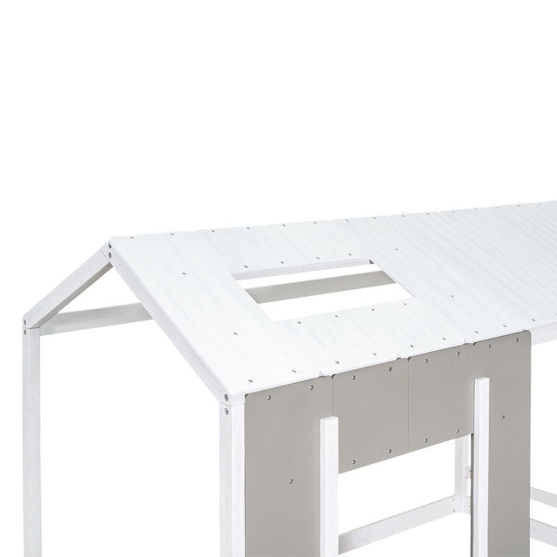 Magnifique lit simple avec toit et fenêtre, Blanc / Gris
