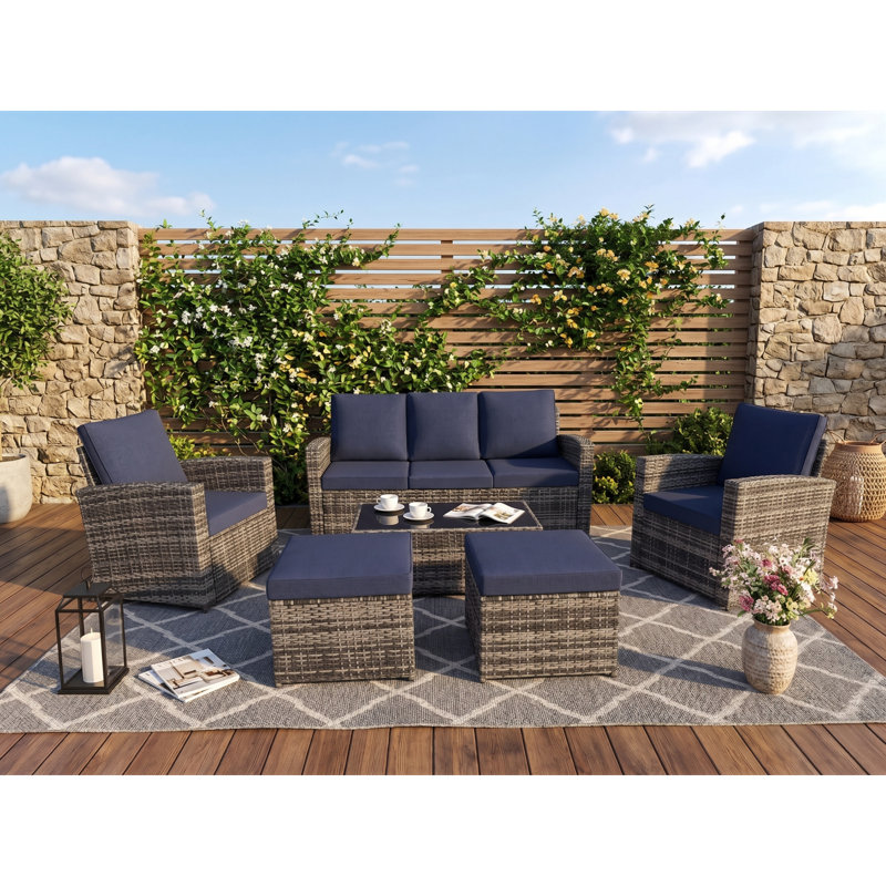 Canapés de patio modernes, ensemble 7 pièces en rotin d'acier, maison extérieure spacieuse