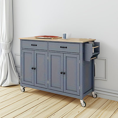 54.3" Grey Blue Kitchen Island Cart - Solid Wood Top, 4-door Cabinet, 2 Drawers, Spice/towel Racks & Locking Wheels by Ophelia & Co.