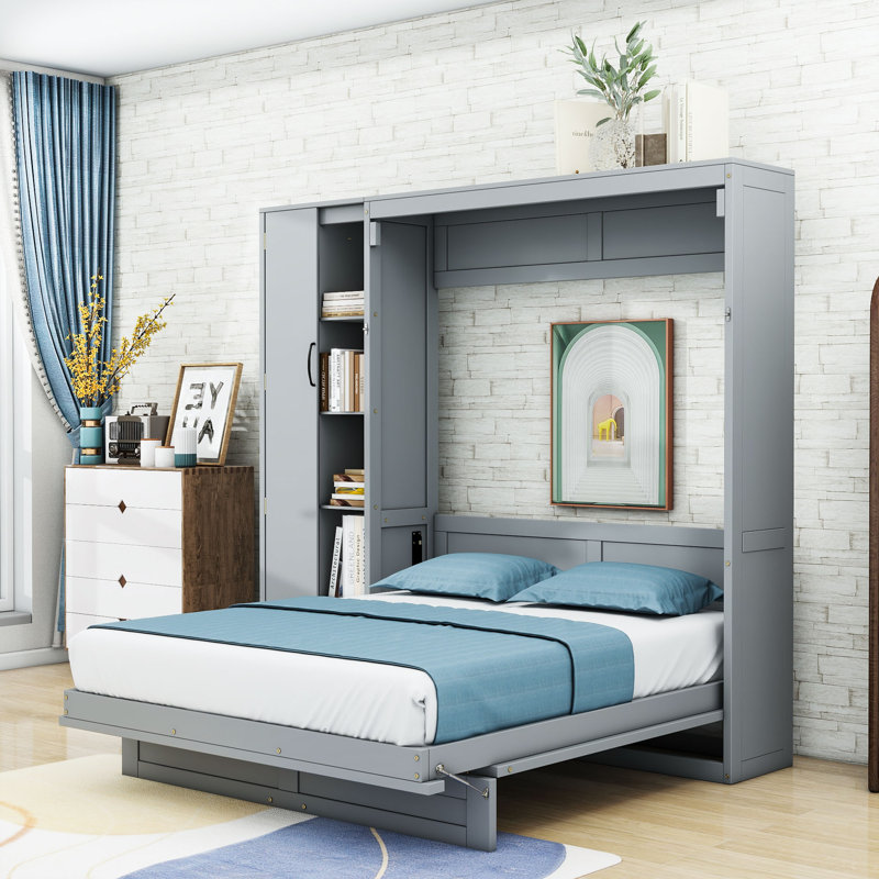Wooden Murphy Bed with LED Lighting, Wardrobe and Storage Shelves, Gris, Double