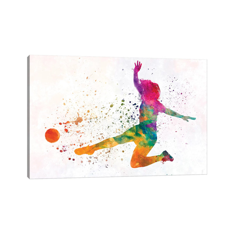 Woman Soccer Player 11 In Watercolour by Paul Rommer - Wrapped Canvas Painting, 66.04cm H x 101.6cm W x 1.91cm D