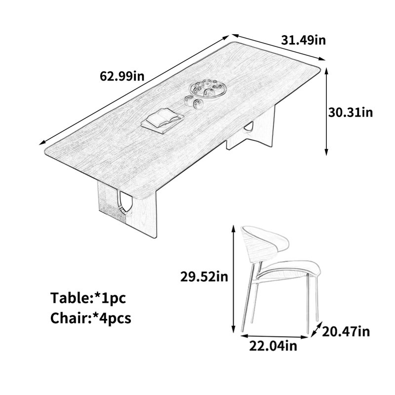 Bureau d'inspiration rétro, 5 pièces: table, 4 chaises, H 30,31 po x l 62,99 po x P 31,49 po