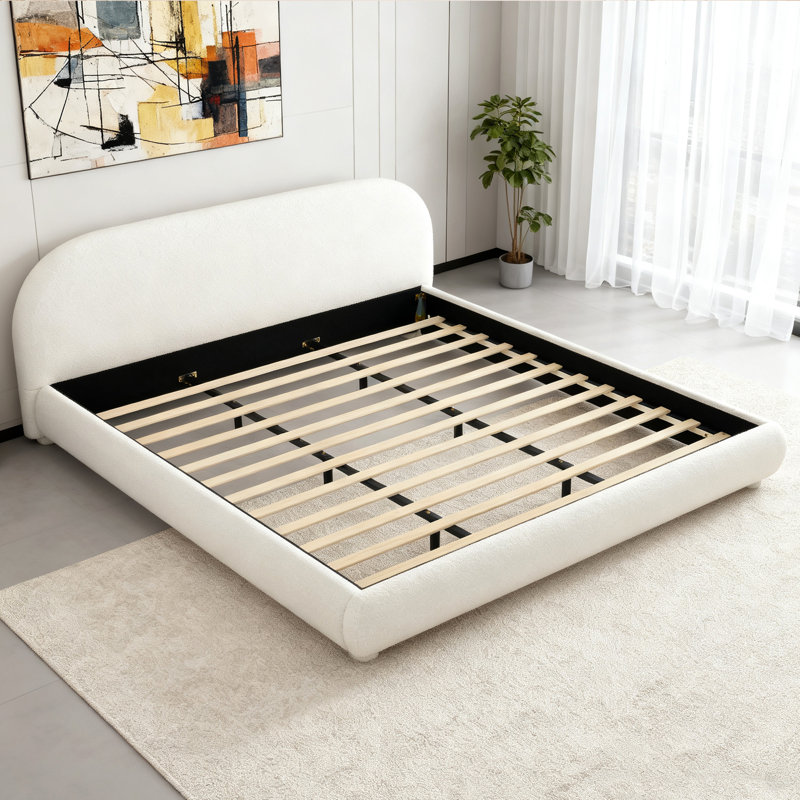 King Upholstered Platform Bed with Curved Headboard, Cream, King
