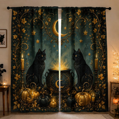 2Pcs Mystical Cat Halloween Curtains, Gothic Moon and Stars Witchy Pattern Light Filtering Window Drapes for Living Bedroom Kitchen Patio Decor Accessories