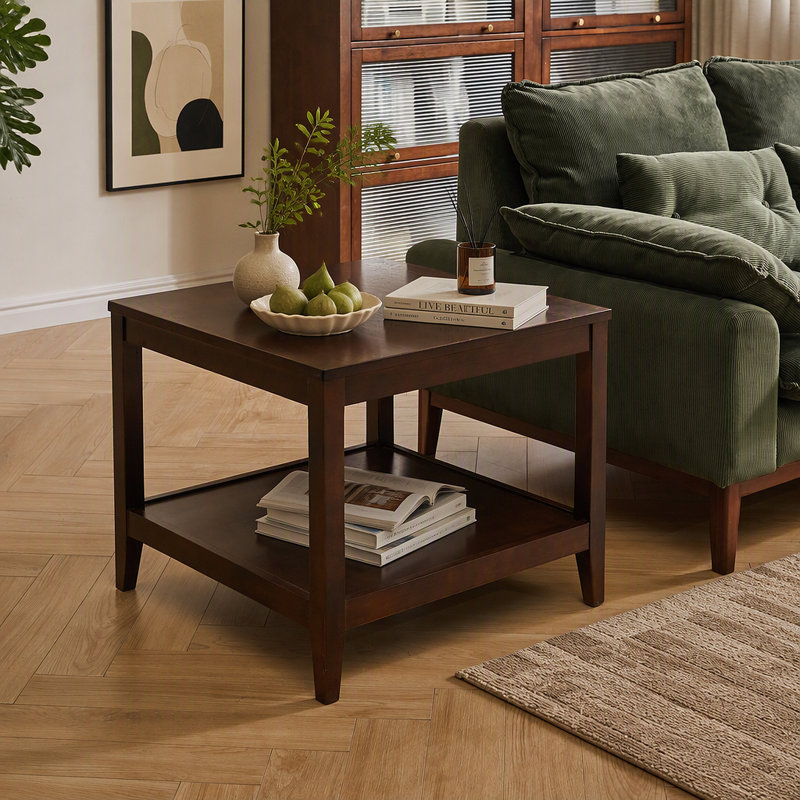 Table de bout en bois massif, table d'appoint carrée à 2 niveaux avec tablette de rangement, table de chevet en bois pour le salon, petite table basse