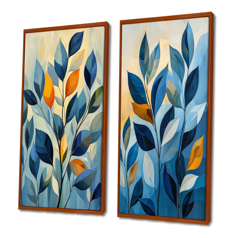 Ensemble de 2 pièces d'art mural Mid-Century bleu et orange I - Minimalisme, H 40 po x l 40 po, Cadre flottant brun