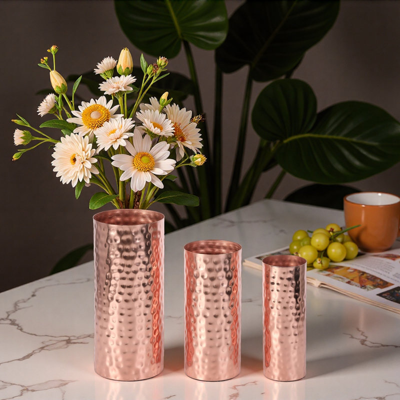 Modern Hammered Metal Flower Vases 3 Pack, Rose
