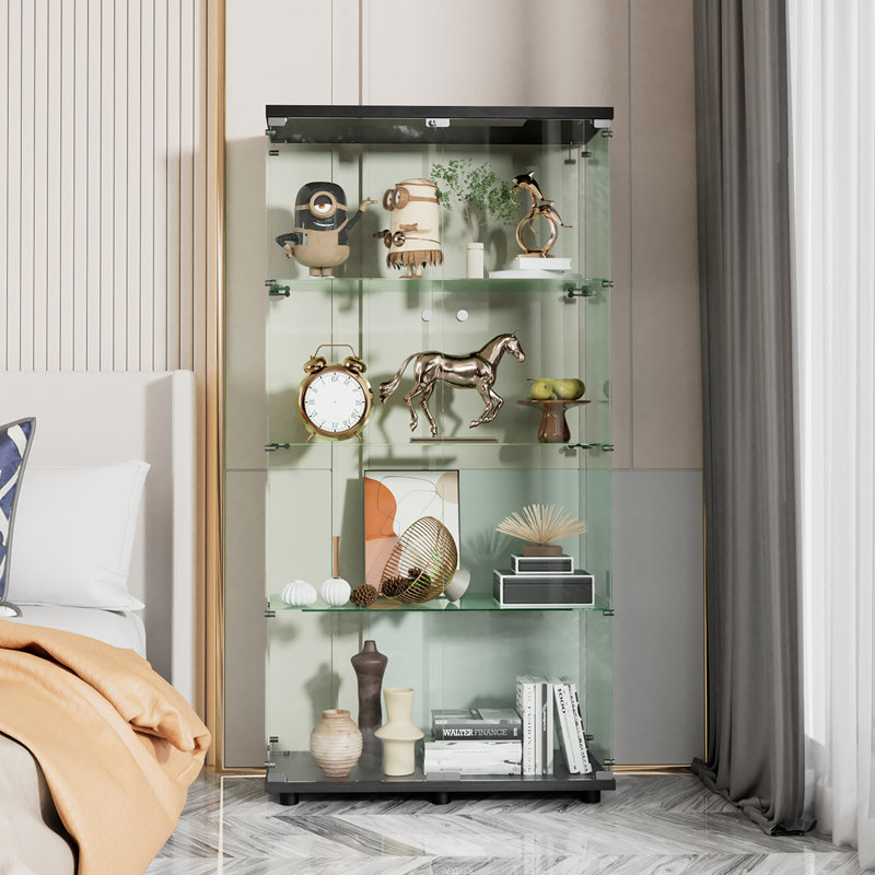 Jillion 4-Shelf Glass Display Cabinet, Curio Cabinet, Side By Side Door, Black