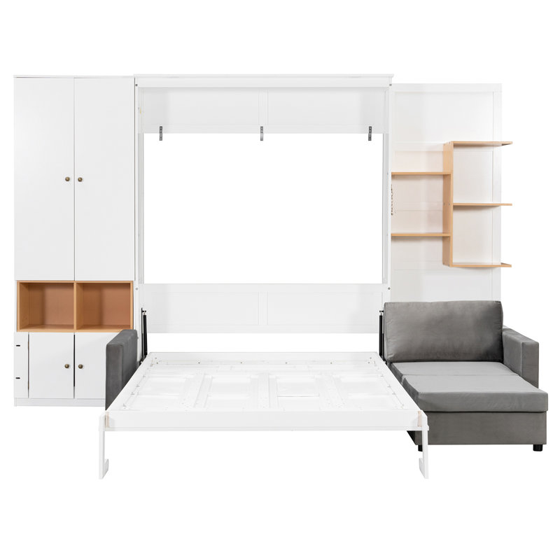 Grand lit escamotable avec grand canapé, tablettes et armoires de rangement, lit mural moderne à faible encombrement avec deux lumières - canapé blanc et gris