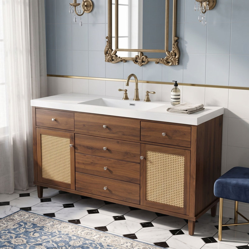 Freestanding Standard Free Standing Single Double Single Vanity Bathroom Vanity With Top, Brown
