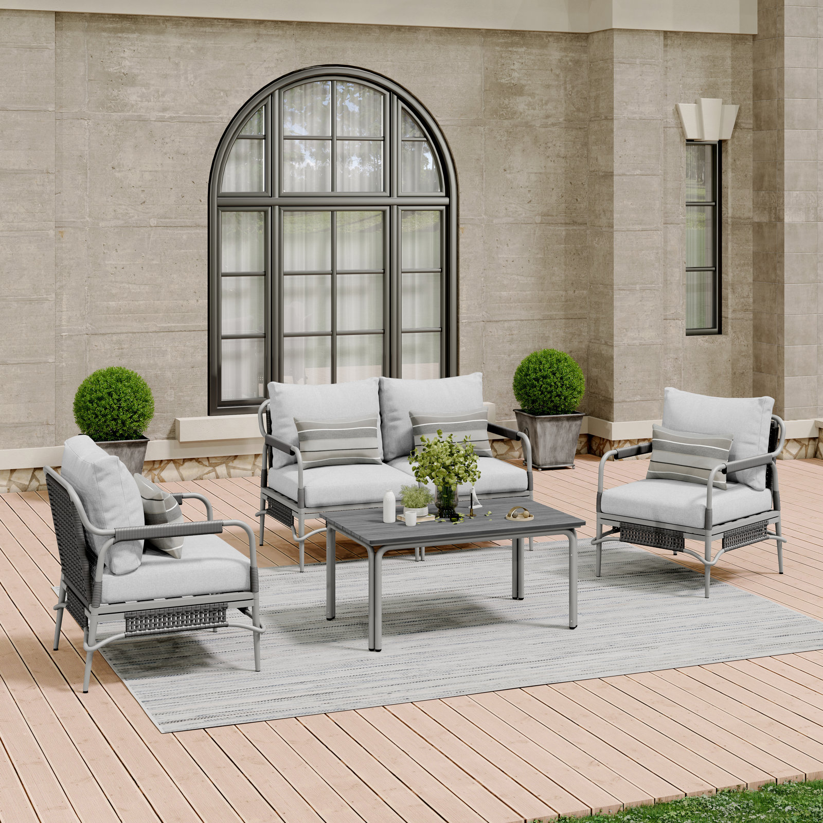 Hope 4-Person Sunbrella® Patio Seating Group, Light Gray Frame/Light Gray Polyester Cushion