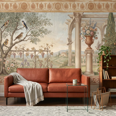 Mediterranean Landscape Wallpaper Classical Fresco Greek Key Border Removable Wall Decor
