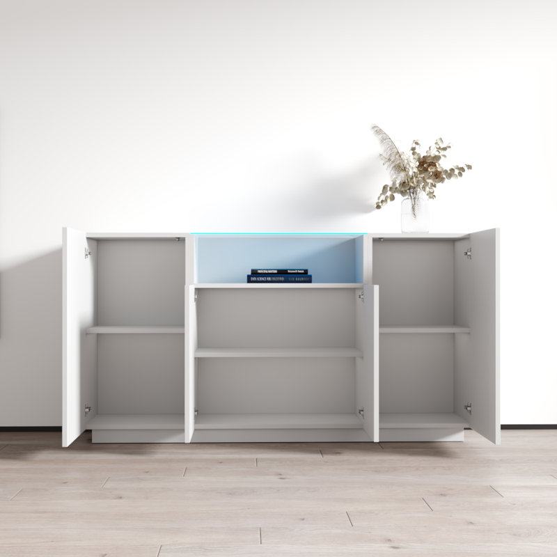 Ashvir 7" Sideboard with 16-Color LED Lighting, Mirror, High Gloss Finish, White