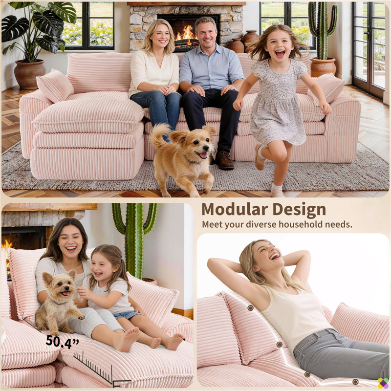 Canapé modulaire Kanfi de 103,54 po Kaneki, Velours côtelé rose