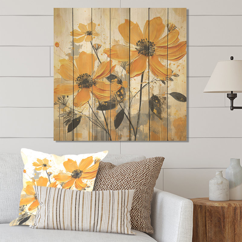 Fleur de souci jaune en rafale III - souci sur bois, H 15 po x l 15 po