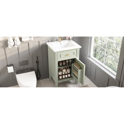 Meuble-lavabo de 20 po avec lavabo, tablette réglable, tiroir inclinable et bois d'hévéa pour les petits espaces de vie