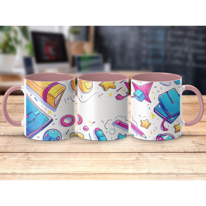 Kids Drawing Style 11oz Accent Mugs – Ceramic Coffee Cup with a Pink Handle and Interior