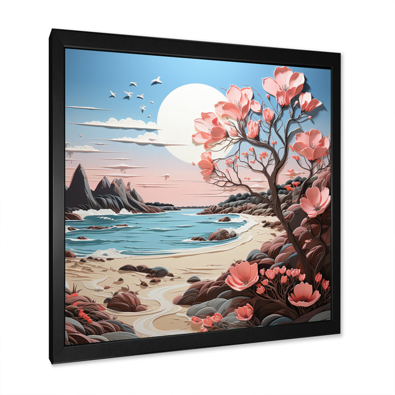 " Pink Beachside Bloom Papercut I ", 36" H x 36" W x 1.5" D, Black Single Picture Framed