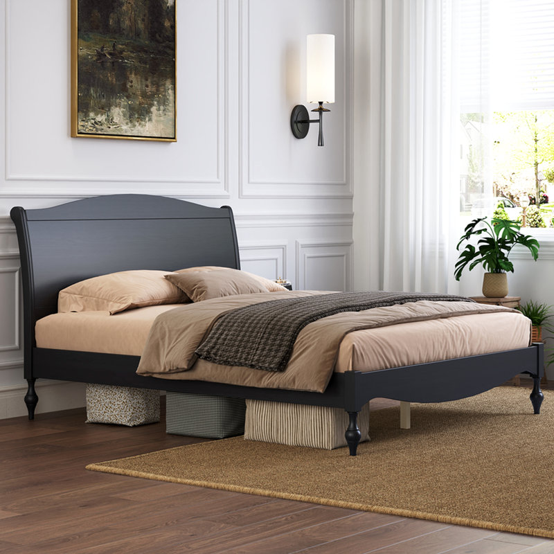Structure de grand lit en bois avec tête de lit, lit plateforme rétro, tête de lit arquée traditionnelle et pied de lit, grand rangement sous le lit, aucun sommier tapissier requis, assemblage facile