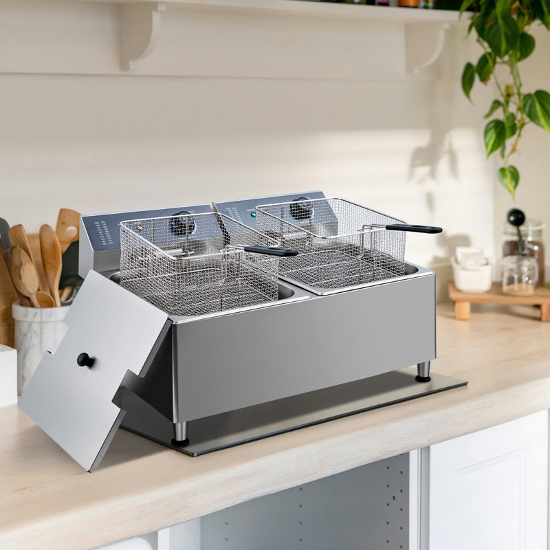 Stainless Steel Electric Deep Fryer with Basket and Lid,  Adjustable Feets, 22L, 12.6" H x 26.1" W x 17.3" D