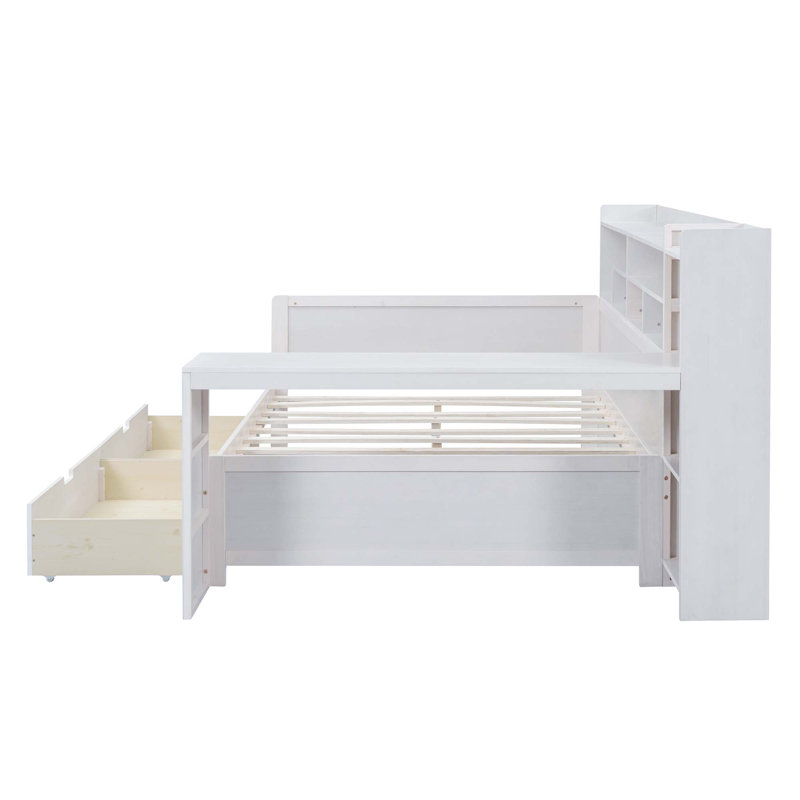 Lit de jour en bois multifonctionnel avec tablettes de rangement, 2 tiroirs de rangement et bureau d'étude, Double