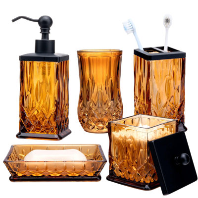 Bathroom Accessories Set,5 Pcs Amber Glass Bathroom Accessory Set,Complete Lotion Soap Dispenser,Toothbrush Holder,Soap Dish,Tumbler & Jar,Modern Bathroom Decor Sets Gift,Square