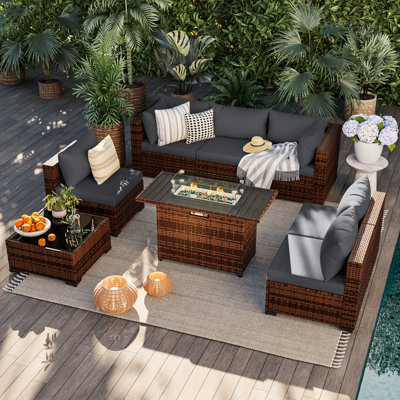 6 - Person Outdoor Wicker Patio Conversation Furniture Set With Fire Pit Table