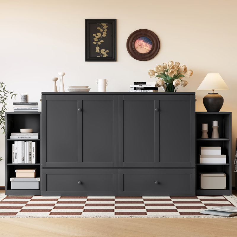 Lit escamotable double avec tiroirs et tablettes de rangement - Lit mural peu encombrant pour chambres d'amis et petites chambres. Or