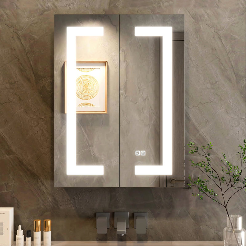 Armoire de rangement de salle de bain avec miroir argenté 32 "24" - Lumineux, à intensité variable, brouillard, tablettes réglables, 2 portes, douilles,, construction à intensité variable, tablette, scintillement