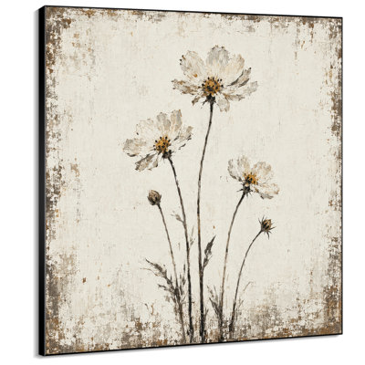 Impression sur tissu grand format - Motif minimaliste de fleurs sauvages blanches sur fond neutre pour salon ou chambre - « Assemblage du cadre requis (cadre non fini) »