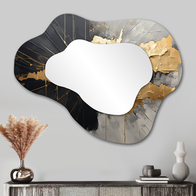 Black And Gold Abstract Meditation I - Abstract 3D Shapes Irregular Modern Large Wall Mirror, 27" x 35"