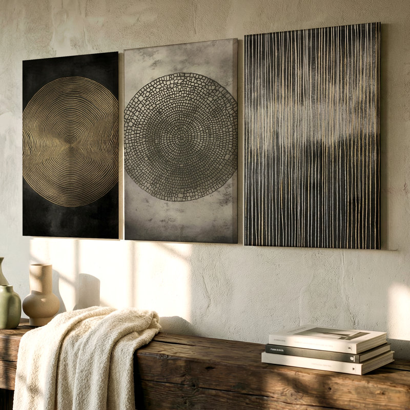 3 pièces d'art mural géométrique abstrait moderne avec motifs circulaires texturés, art mural trois pièces pour le salon, la chambre à coucher et le bureau