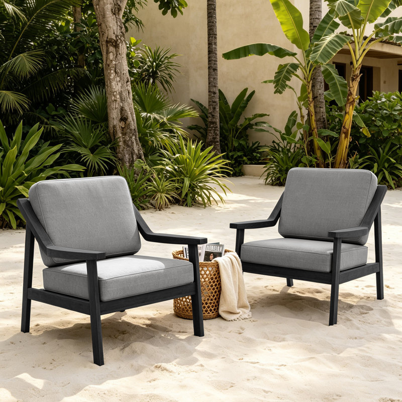 Chaises longues d'extérieur en bois de teck avec coussin et accoudoirs Marlo, Gris, Noir