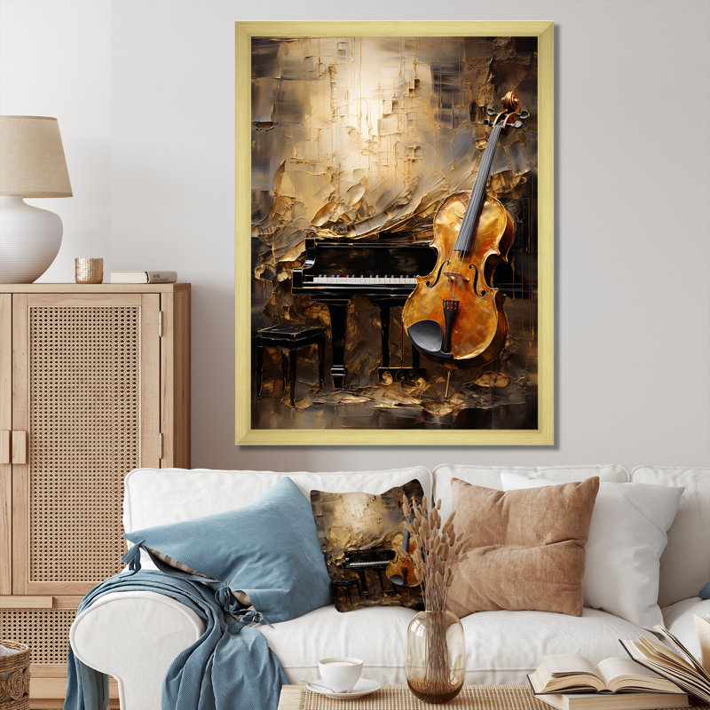 Rétro harmonie violon et piano - musique, art mural, Cadre photo doré simple, H 44 po x l 34 po x P 1,5 po