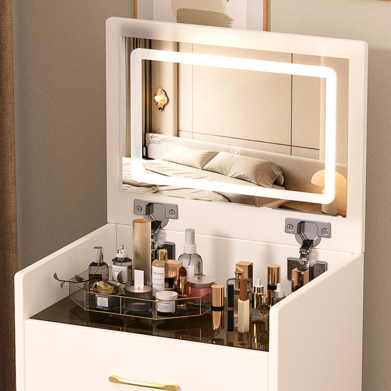 Coiffeuse 3 en 1 avec grand rangement - Coiffeuse blanche pour chambre, plateau en verre apparent, tiroirs et rangements