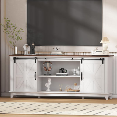 Meuble télé en bois pour téléviseur de 75 po, console média avec portes de grange coulissantes et rangement, tablette réglable pour le salon
