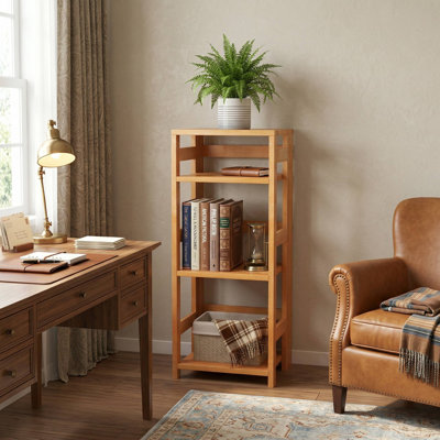 Bibliothèque autoportante à 4 niveaux en bois d'hévéa naturel, clôtures latérales surélevées anti-chute et trousse de sécurité anti-basculement, convient au salon, au bureau